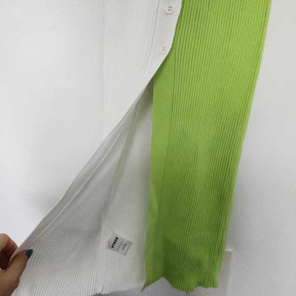 STAUD Shoko Colorblock Sweater Dress M Lime/White Knit Party Cocktail Evening - Picture 4 of 9